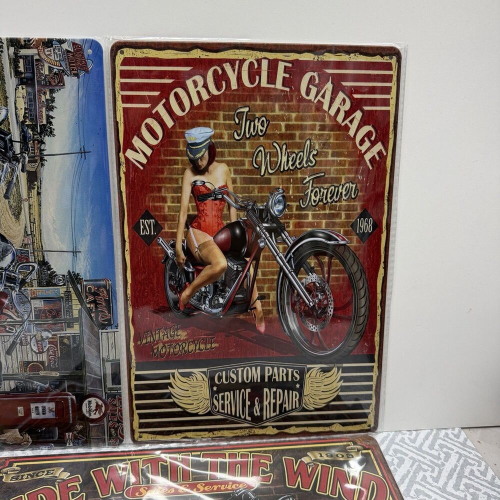 5pc Vintage Motorcycle Metal Tin Sign Bundle – Route 66 & Garage Wall Decor Set - Picture 2 of 6